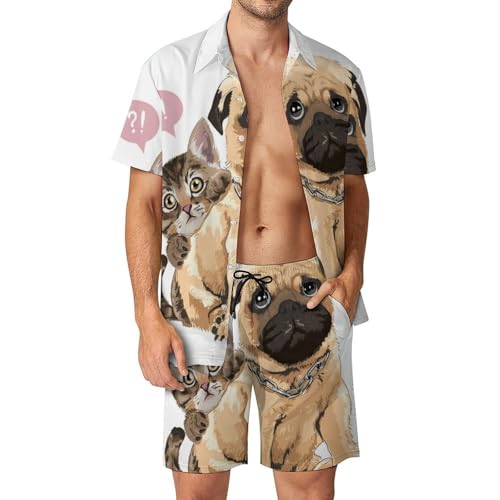 Chemise Hawaïenne Homme Ensemble 2 Pièces Imprimé Chat Chien Short Fluide