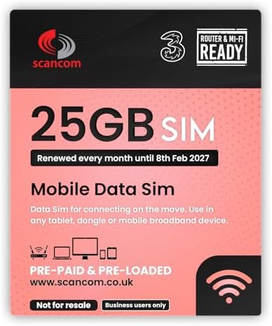 Three 25GB Data SIM - 5G Preloaded Data EVERY MONTH from now until 8th February 2027 - Optimised For Wifi Routers, Tablets & Phones - Business Grade 5G Data