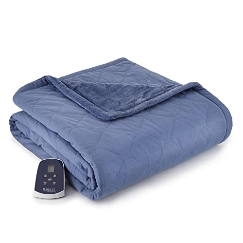 Thermee Micro Flannel Heated Oversized Throw, Twin Size, Micro Flannel to Ultra Velvet Electric Blanket with 10 Heat Levels, 10 Hour Auto Shut Off, 62x84 Inches, Cadet Blue