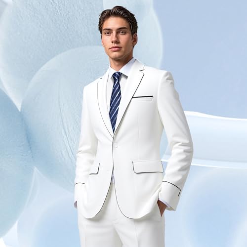 MOGU Mens 2 Pieces White Dress Suit One Button Slim Fit Tuxedo Notched Lapel Jacket and Bell Bottom Pants for Wedding Prom3
