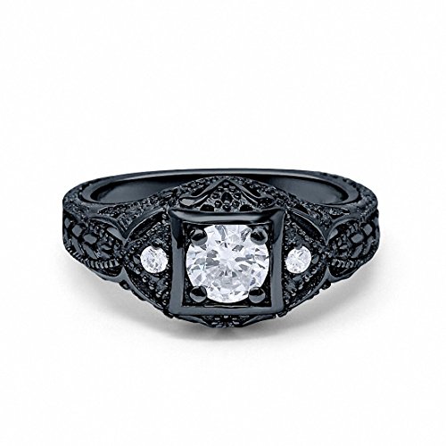 Art Deco Antique Style Wedding Engagement Ring Simulated Round Cubic Zirconia Black Tone 925 Sterling Silver,Size-6