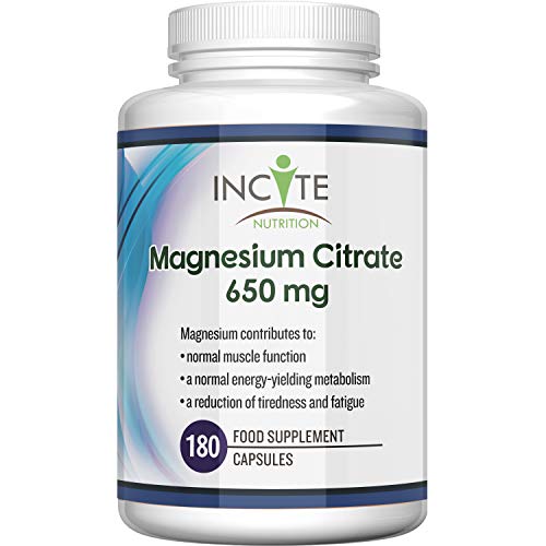 Magnesium Citrate Supplement 650mg | 180 Premium Vegan Capsules not Tablets (6 Months Supply) | High Strength Magnesium Citrate | Suitable for Vegetarian | Made in The UK by Incite Nutrition®