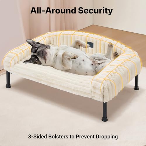 Veehoo Elevated Dog Bed with Bolster Cushion, Fluffy Plush Dog Couch Beds for Small Dogs, Cats, Washable Raised Pet Cot with Non-Slip Feet for Indoor or Patios Use, 36 x 28 Inches, White by Veehoo - Image 4