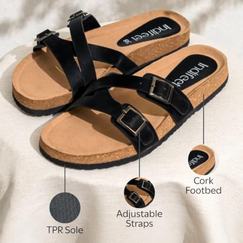 Image of Indifeet Daily Use Stylish Buckle Casual Cork Sandals for Women | Comfortable Arch Support Slippers with Adjustable Double Straps, Daily Use Flats, Light Weight Slides, Office, Outdoors, Home