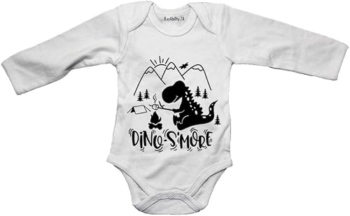 Dino S'more - Camping - Baby Grow White Long Sleeve