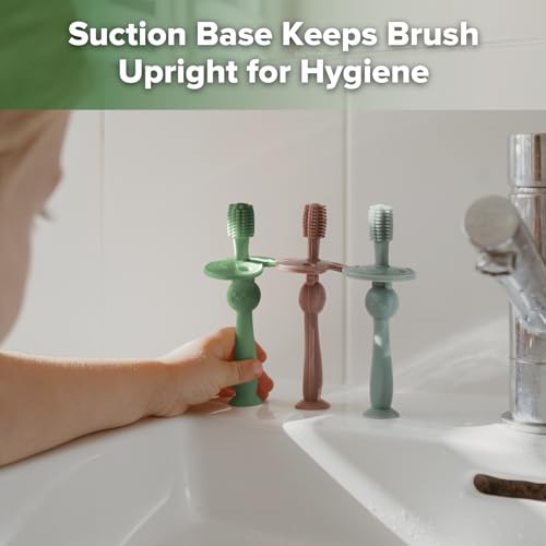 Image of haakaa 360 Baby Toothbrush with Suction Base - Jade | Gentle Cleaning for Infants, Gum Massage, BPA-Free, Food-Grade Silicone, Adjustable Safety Shield, Safe for Babies 6 Months+
