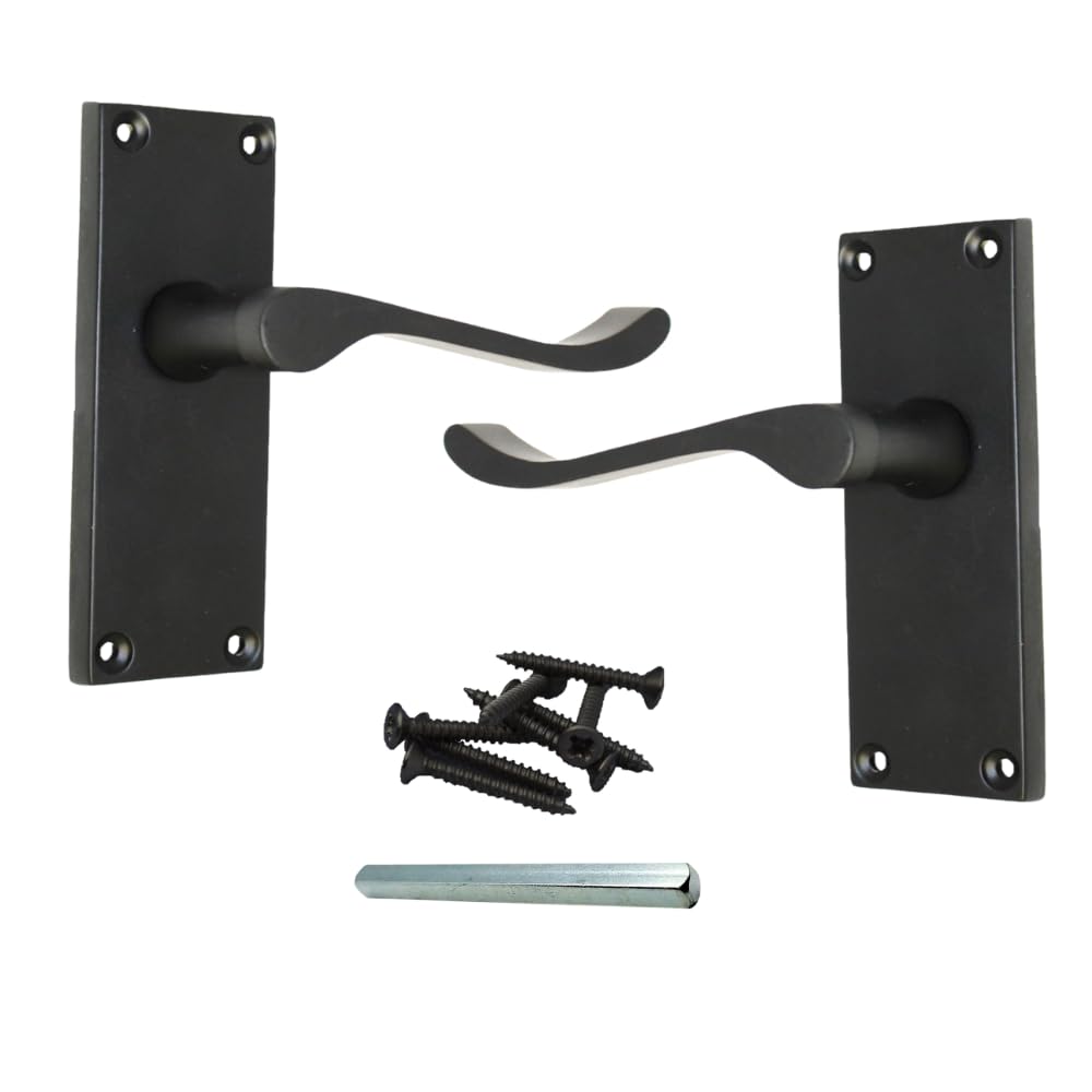 Epsom Door Handle Matt Black Scroll Door Handle Set - Victorian Style Internal and External Lever Door Handles with Backplate (Pair of Handles)