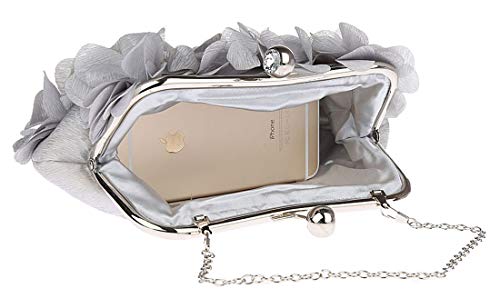 Santimon Women Clutch Kiss Lock Purse Handbags Satin Flower Evening Bags With Removable Strap Grey #TOP3
