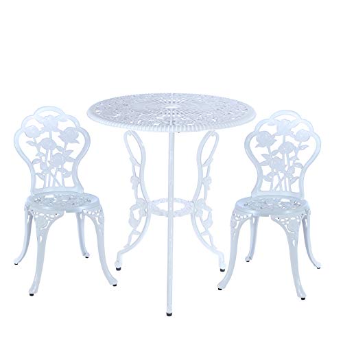 C/G 3 Piece Bistro Set,Outdoor Patio Set,Anti-Rust Cast Aluminum Bistro Table Set for Park Yard Front Porch Furniture(White)