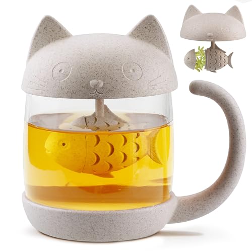 Reviews de Tazas de té que Puedes Comprar On-line. 46 KIONTS Taza de Té de Vidrio Con Infusor y Tapa en Forma De Gato, 250ML(8OZ), Resistente al Calor, Irrompible, Apto Para Lavavajillas