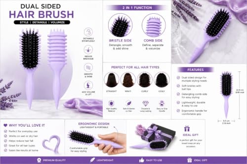 Image of Premium 3D Detangling Hair Brush for Women & Men- Anti Hair Fall Comb for Curly, Wavy & Straight Hair | Hair Straightening Brush, Wet & Dry Styling Brush | Scalp Massager, Frizz Control & Tangle Free Grooming Brush (PADDLE PURPLE)