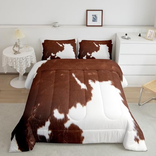 Cowhide Print Comforter Set Full Size, Western Farm Animal Fur Bedding Set, Brown White Cow Print Down Comforter For Kids Boys Girls Teens,Rustic Farmhouse Cow Quilt Set Bedroom Decor 2 Pillow Cases