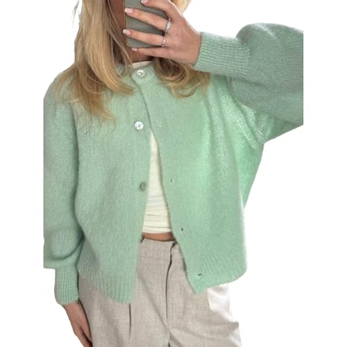 Image of Women Y2k Crop Cardigan Sweater Long Sleeve Button Down Cardigan Vintage Open Front Sweater Cute Knit Pullover Tops