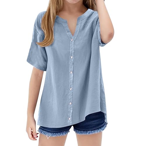 Cotton Linen 𝗛enley Shirts for Girls Short Sleeve Tops V Neck Oversized Tunic Blouses Tween Trendy Dressy Casual Shirt - Main Image