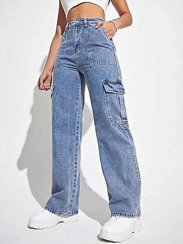 Image of KOTTY Women's Solid High Rise Relaxed Fit Cargo Jeans (Blue,S) KTTLADIESJEANS2461S