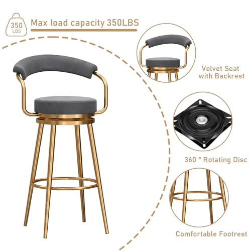 Tabouret de bar pivotant confortable en velours gris pour éviter le mal de dos