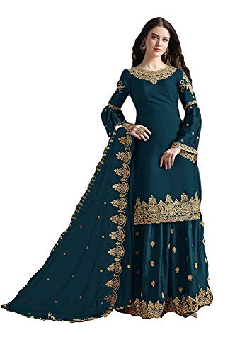 Prija Collection Ready to Wear Indian Pakistani Wedding Wear Palazzo Style Salwar Suit for Women Ethnic Wear Straight Salwar Suit Kameez for Womens (Bottle Green, XL)
