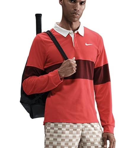 Nike Court Slam Men's Dri-FIT ADV Long-Sleeve Tennis Polo, Light Crimson/Dark Team Red/White, Medium