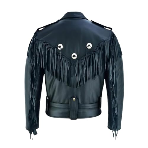 Mens Black Fringed Tassle Biker Leather Jacket- Western Cowboy Fringe Leather Jacket4