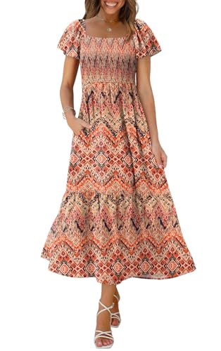 Image of OFEEFAN Summer Dresses for Women Square Neck Ruffle Sleeve Smocked Maxi Dress with Pockets