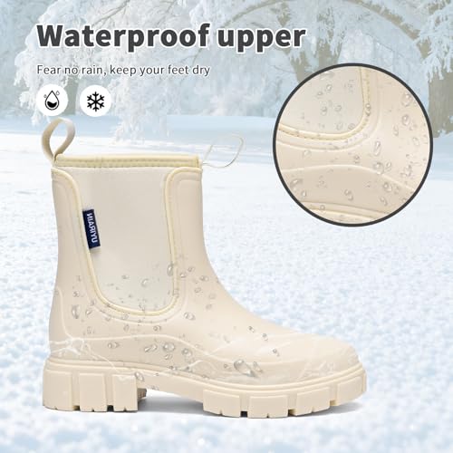 GemChve Gummistiefel Damen Winter, Chelsea Boots Gefüttert Wasserdicht, Gummistiefeletten Halbhohe Gartenschuhe, Rutschsicher Regenschuhe, Abriebfest Komfort Schlupfstiefel White 39 EU