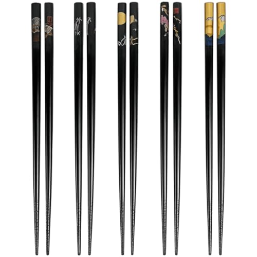 JapanBargain, 5-Pair Black Bamboo Chopsticks Set with Traditional Japanese Crane Moon Sakura Design, Reusable Wooden Chop Sticks, Dishwasher Safe, 9 Inch, Japanese Chinese Korean Style