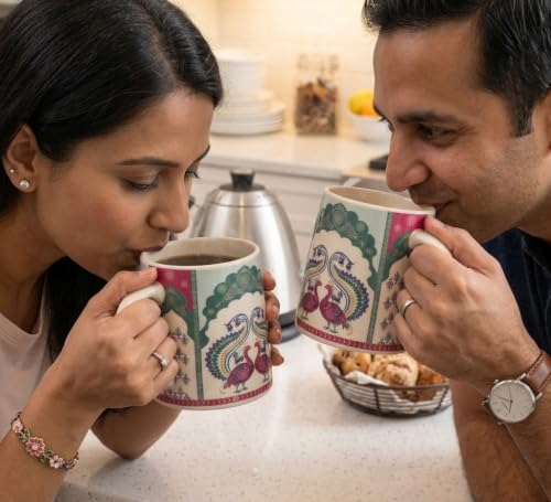 Image of Alive Peacock Art Printed Ceramic Tea /Coffee Mug Set of 2 (300 ml) | Microwave & Dishwasher Safe |Premium Ceramic Mugs for Home, Office & Gifting