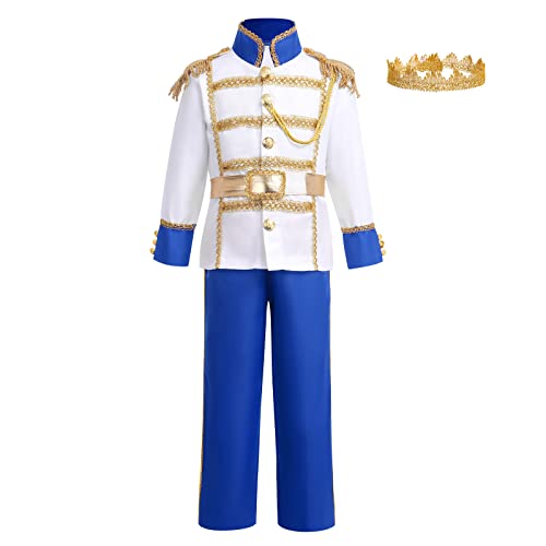 Prince Charming Costume for Kids Boys Halloween Cosplay - Toddler Royal Outfits Medieval Knight Prince King Dress Up - Jacket Pants Crown Belt Royal Blue 4PCS 10-12T