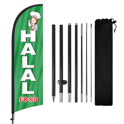 Halal Food Advertising Swooper Flag Banners, Halal Food Feather Flags with Pole and Ground Stake, 8FT Advertising Feather Banners Sign for Halal Food Business