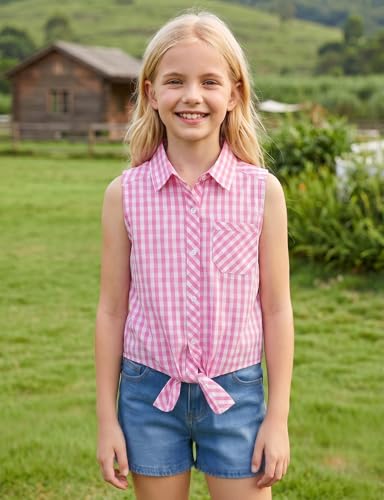 Image of Noomelfish Girls Sleeveless Button Down Shirt Tie Knot Blouse Western Cowgirl Outfit (5-12 Years)