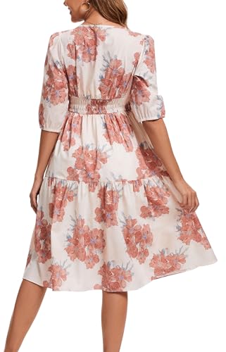 Image of Kormei Women Summer Casual Boho Floral Round Neck 3 /4 Sleeve Smocked Waist Tiered Flowy Swing Midi Dress M Pink Floral
