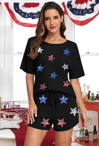 Image of VILOVE 4th of July 2 Piece Sequin Outfits Women 250 Anniversary Usa Shirts and Short Sets Casual Patriotic Shirt Summer Set