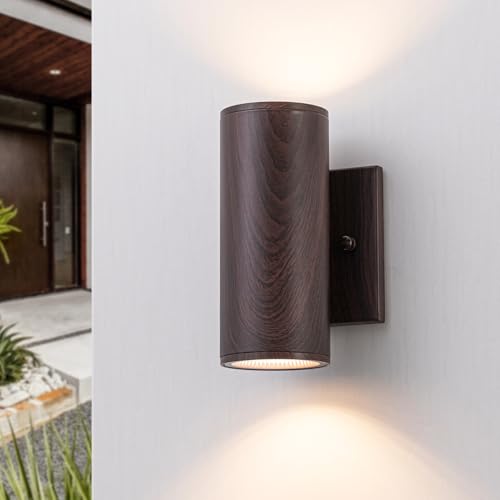 Image of Outdoor Wall Light Fixture 7 inch Integrated LED Cylinder Up and Down Lights Dark Walnut, Waterproof, Outdoor Sconce Lights for House Exterior Porch Patio Garage Front Door