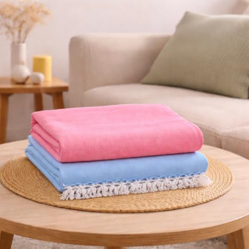 Image of OKTIC Bhagalpuri Plain Dull Chadar Combo Pack of 2, Lightweight Thin Layer Comfortable Handloom Cotton Top Sheet for Summer, Peach Sky Blue Single Size 230 x 130 cm