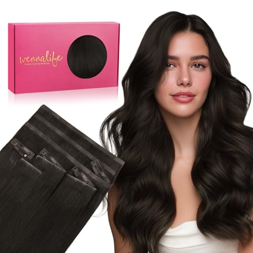 Image of WENNALIFE Invisi Edge Clip in Hair Extensions Real Human Hair, 16 Inch 130 7pcs Dark Brown Hair Extensions for Women Invisible Straight Injection Extensiones de Cabello Humano,