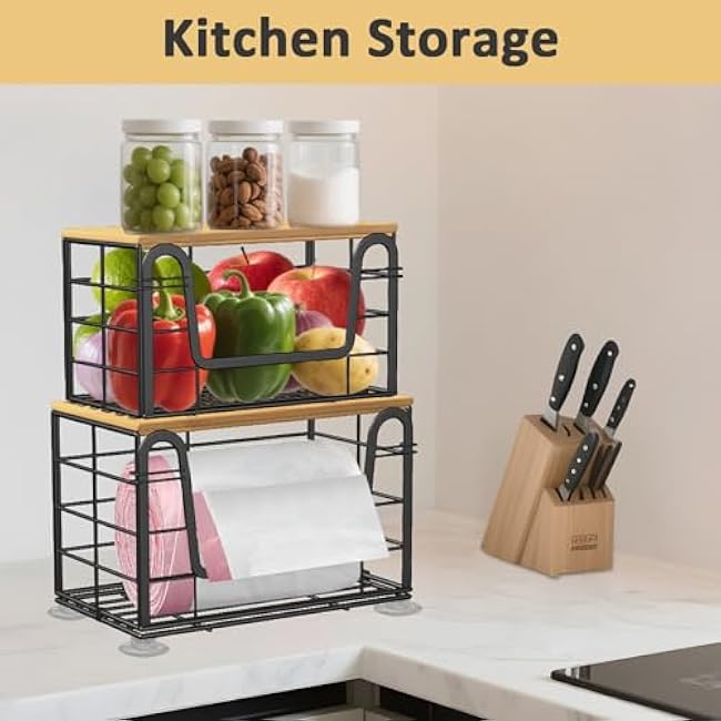 2 Pack Trash Bag Holder - Extra Large Stackable Storage for Kitchen Pantry Laundry Room Organization, Wall Mount Garbage Bag Dispenser with Bamboo Top for Under Sink Organizer, Fits 13/30/33 Gallons