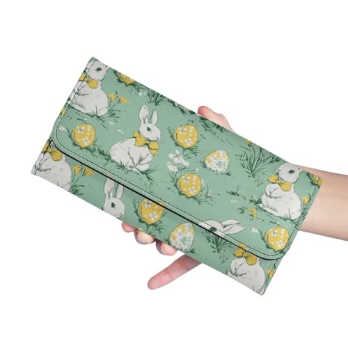 Image of AFPANQZ Womens Wallets Leather Trifold Multi Card Holder Slots Wallet, Rabbit Egg Print Elegant Clutch Phone Holder Trifold Purses Zip Coins Pocket, Buckle Closure Clutch