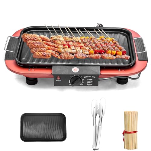2000w Electric Bbq Grill, Smokeless Indoor & Outdoor Portable Barbecue With Removable Stand, 6 Temp Settings & Double Heating Tube, Includes Grilling Tongs, Skewers, And A Grill Pan.(Red)