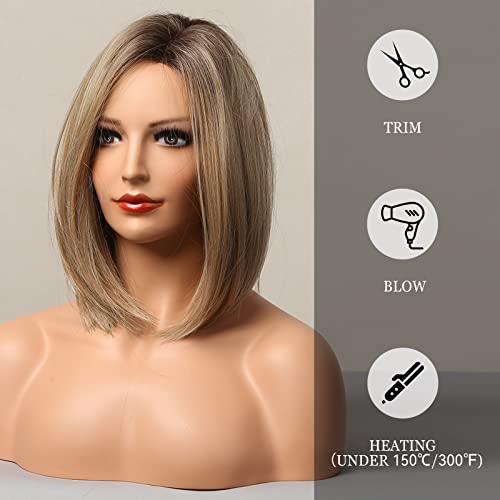 Haircube ASFTL009-1 Ash Blonde Bob Wig Short Hair Side Parting Wig Hand-Tied Hairline Shoulder Length Ombre Wig Natural Looking Synthetic Ladies Wig thumb #4