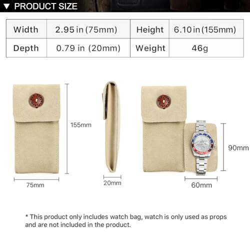 Image of CONTACT'S FAMILY Leather Watch Travel Case for 1 Watch (Beige) | Genuine suede leather, snap button closure, soft lining, ultra-compact 46g, vintage design, Valentine's gift for men.
