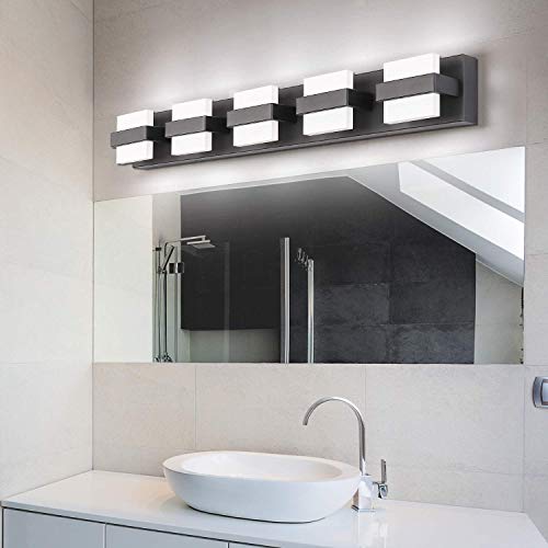 Image of SOLFART 5 Lights Black Bathroom Modern Vanity Lights LED Vanity Light Black Bathroom Lights Over Mirror 34 inch White Light Dimmable