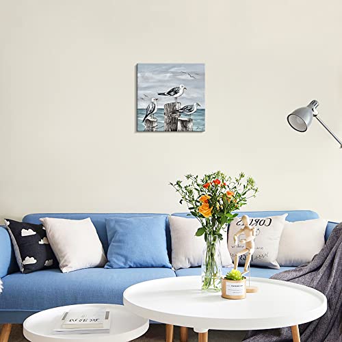 Kas Home Ocean Wall Decor Framed Sea Bird Seagull Canvas Wall Art Beach Ocean Painting Artwork For Bedroom Bathroom Decor (Black - Ocean, 12 X 12 Inch) #TOP3