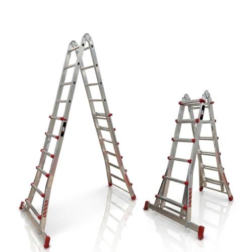 Escalera Telescópica de Aluminio Articulada 4x6 Peldaños | BTF Escalera Extensible Plegable Multiposición hasta 5,0m, Tijera 2,5m, Carga 150kg, Norma EN131