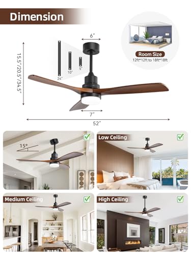 Sofucor 52 Inch Ceiling Fans with Lights and Remote Control, Modern Solid Wood Outdoor Ceiling Fan with Light for Bedroom Living Room Indoor Farmhouse Patio, Quiet DC Motor - Image 7