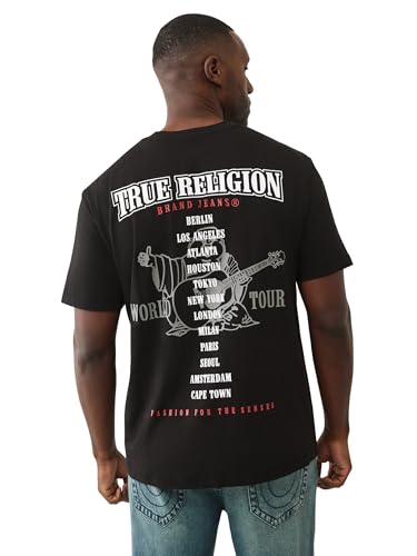 True Religion Men's Short Sleeve Flock Buddha Tee – Crewneck Graphic T-Shirt- Jet Black, L