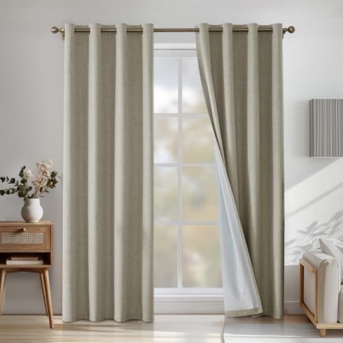 CYCMACO 100% Cortinas Opacas 2 Piezas, 140x145cm, Efecto Lino, Cortinas Termicas Aislantes Frio Y Calor, con Ojales, Acusticas Cortina Moderno, para Dormitorio, Salón Y Cocina, Natural