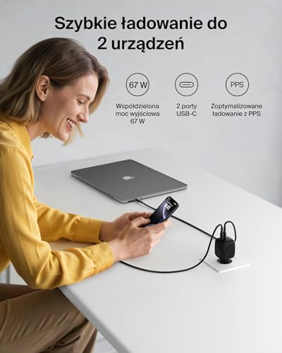 Belkin SmartProtect 2-portowa Ładowarka USB-C 67 W, Ładowarka GaN z 2 Portami USB-C, Szybkie Ładowanie Urządzeń MacBook, iPhone 17, iPad Pro, Chromebook, Galaxy S25 Ultra, Pixel 10 i Innych – Czarna