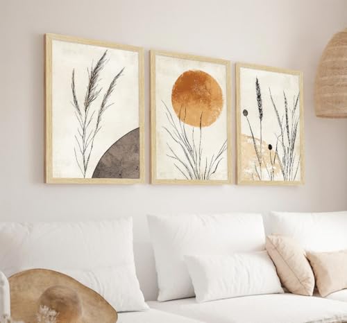 Image of ArtX Paper Boho Paintings For Wall Decoration, Home Decor Wall Art, Hotel Wall Painting for Living Room, Multicolor, Natural Wood Color Frames, 12.0x18.0 inch, Set of 3