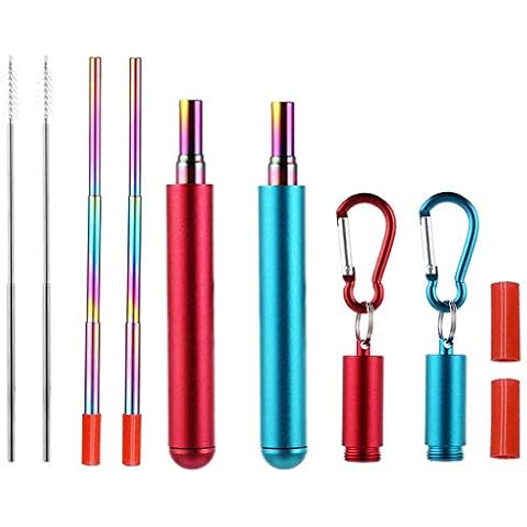 RZJZGZ Wiederverwendbare Teleskop-Strohhalme, zusammenklappbar, Edelstahl, tragbar, Metall-Trinkhalme mit Aluminium-Schlüsselring-Hülle und Reinigungsbürste Cover