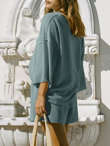 Image of Tankaneo Womens Short Sets 2 Piece Outfits 3 /4 Sleeve Tops and Elastic Waist Shorts Lounge Set Casual Loungewear